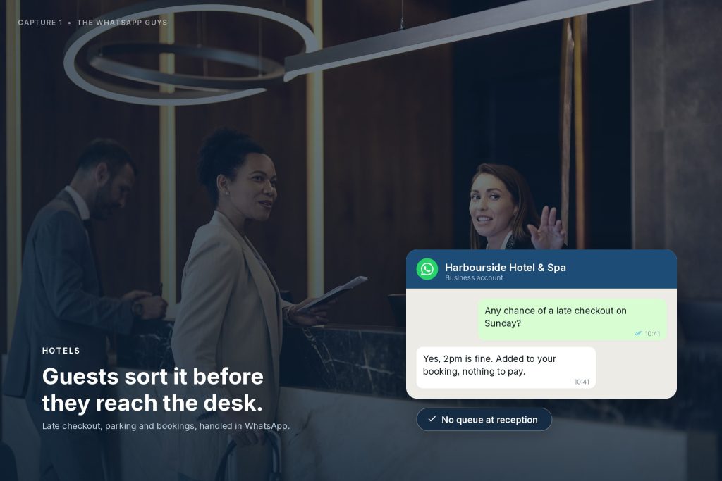 A hotel guest arranging a late checkout on WhatsApp instead of queuing at reception