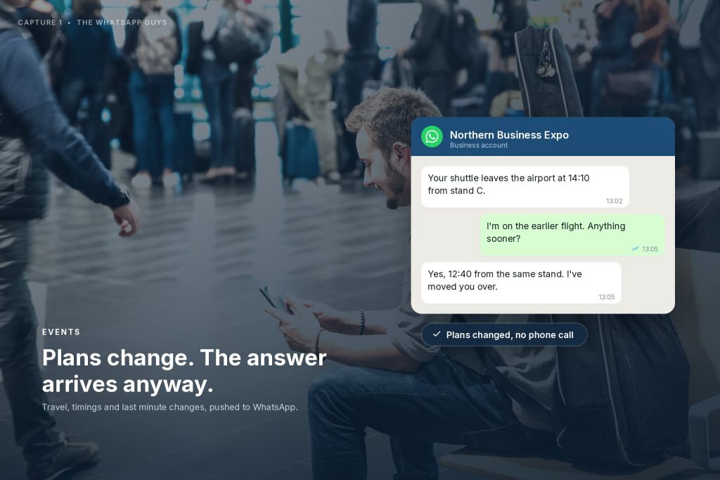 An event attendee getting a travel change answered on WhatsApp