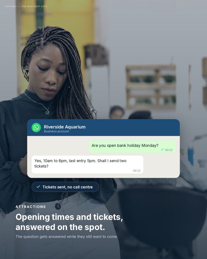 Visitor asking about opening times and tickets on WhatsApp