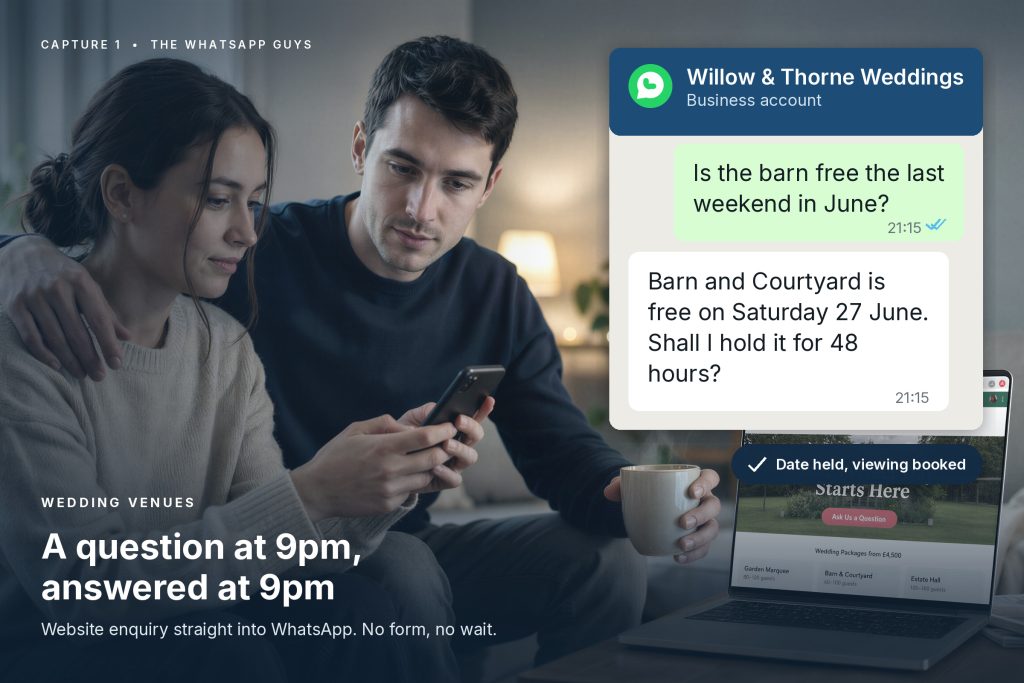 A couple making a wedding venue enquiry from home