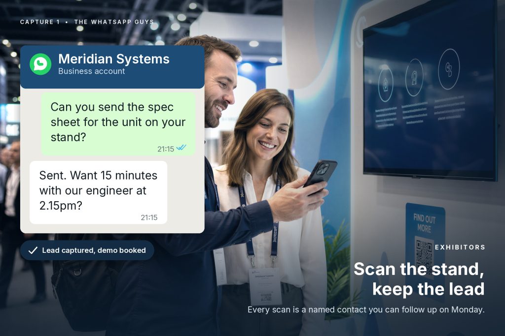An exhibition visitor scanning a stand QR code to ask a question on WhatsApp