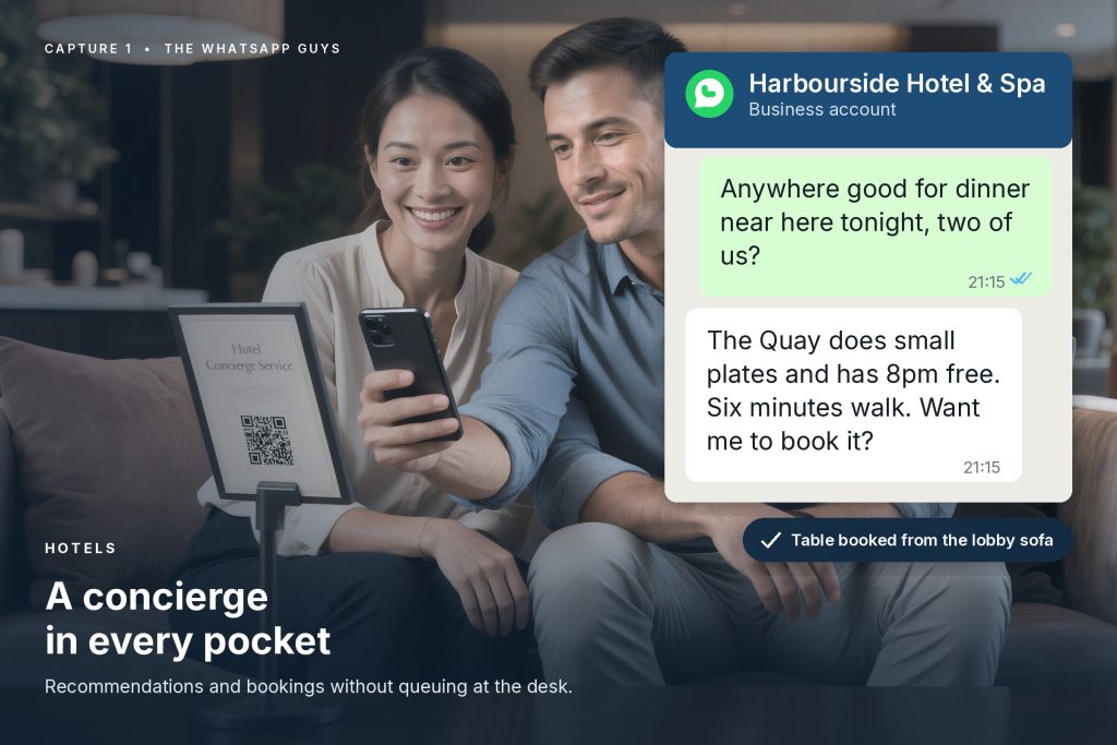 Hotel guests using WhatsApp from the lobby