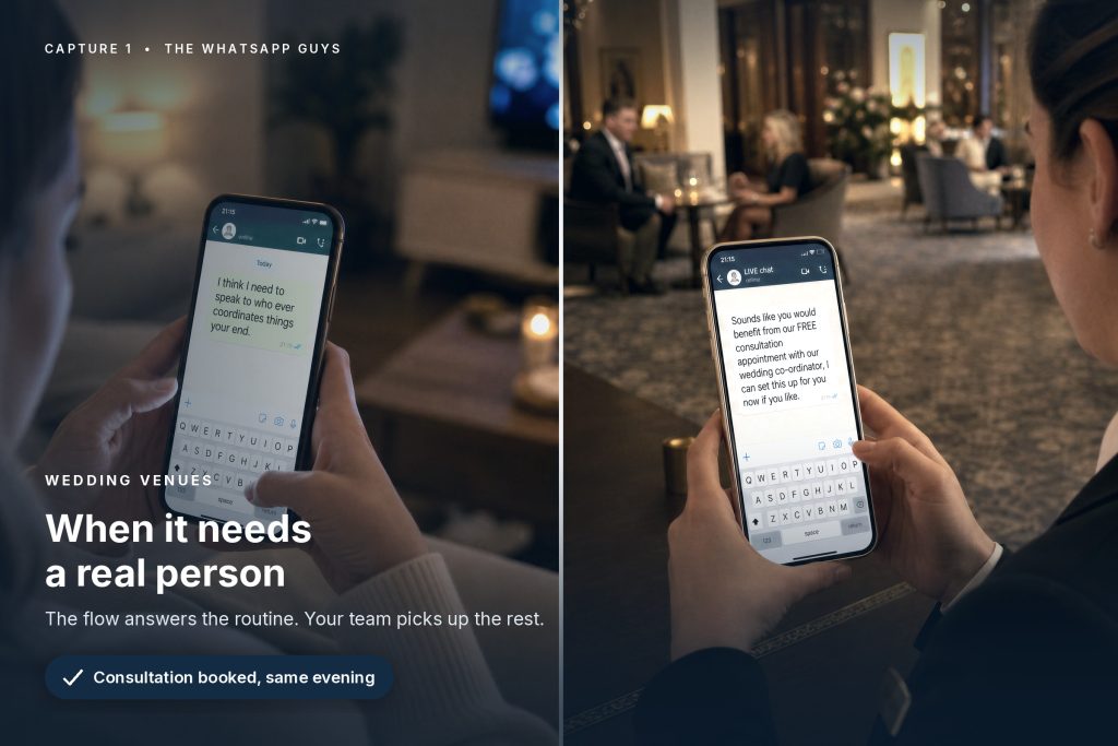 A wedding enquiry moving from the automated conversation to a member of the venue team