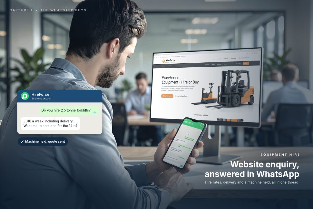 An equipment hire enquiry moving from the website into a WhatsApp conversation