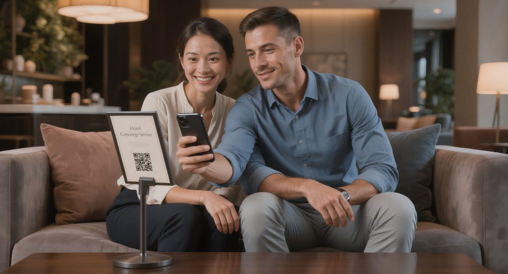 Guests in a hotel lounge scanning a QR code to start a WhatsApp conversation