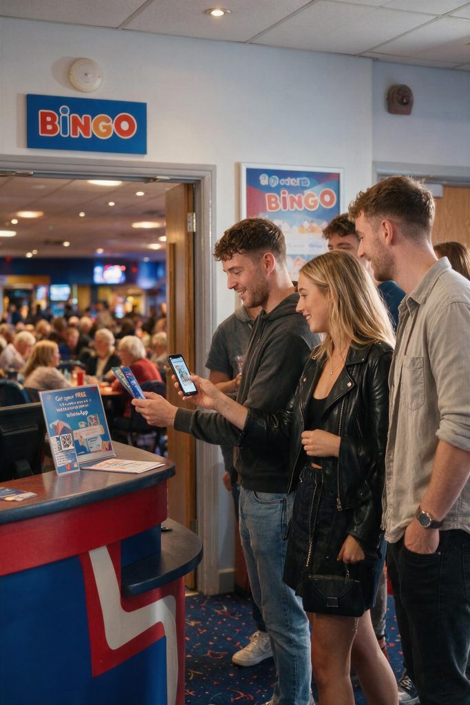 Friends scanning a QR code as they arrive at a leisure club