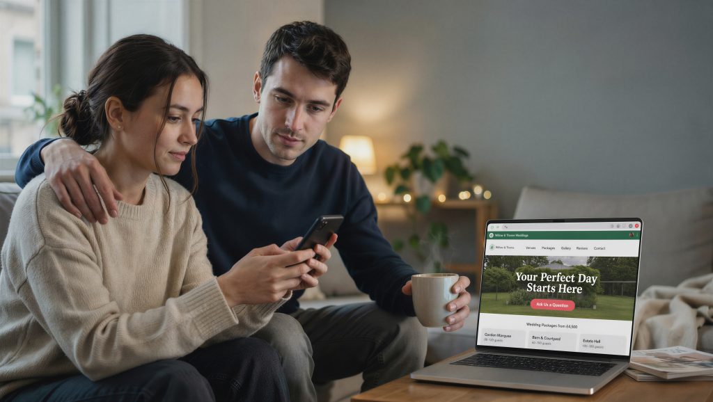 A couple at home making a wedding enquiry to a hotel on WhatsApp