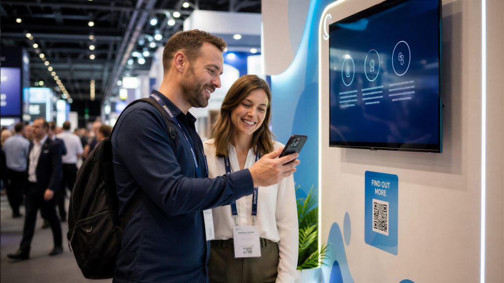 Two visitors scanning a Find out more QR code on an exhibition stand