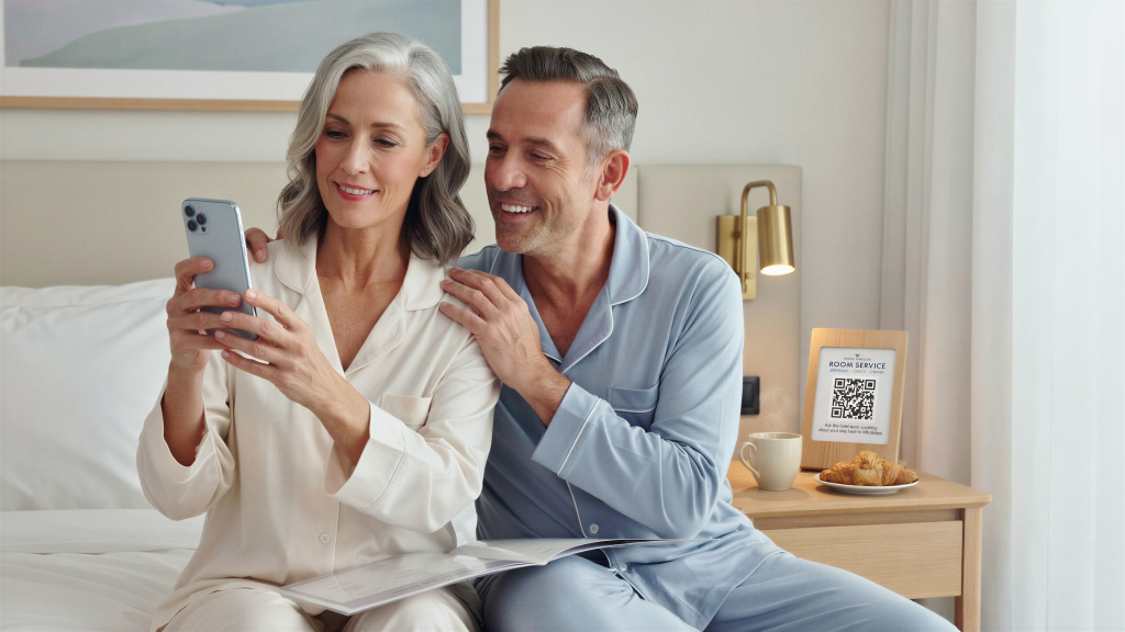 A guest in their room scanning a small QR card to open a WhatsApp conversation with the hotel