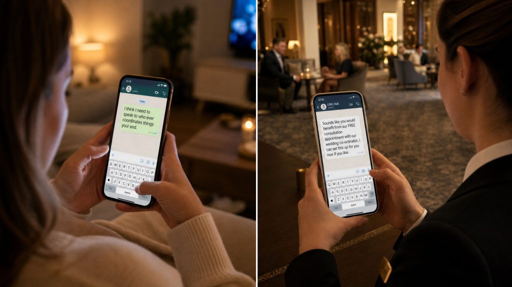 A guest messaging from a lounge on one side and a hotel team member picking up the same conversation on the other