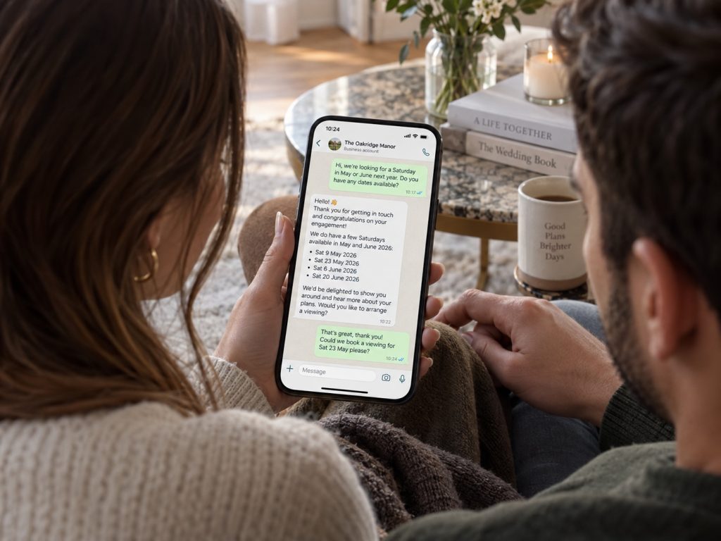 A couple at home enquiring about a wedding venue on WhatsApp while the venue website stays open on a laptop