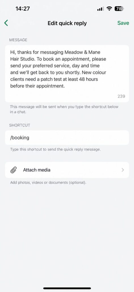 The Quick Replies editor in the WhatsApp Business App on an iPhone