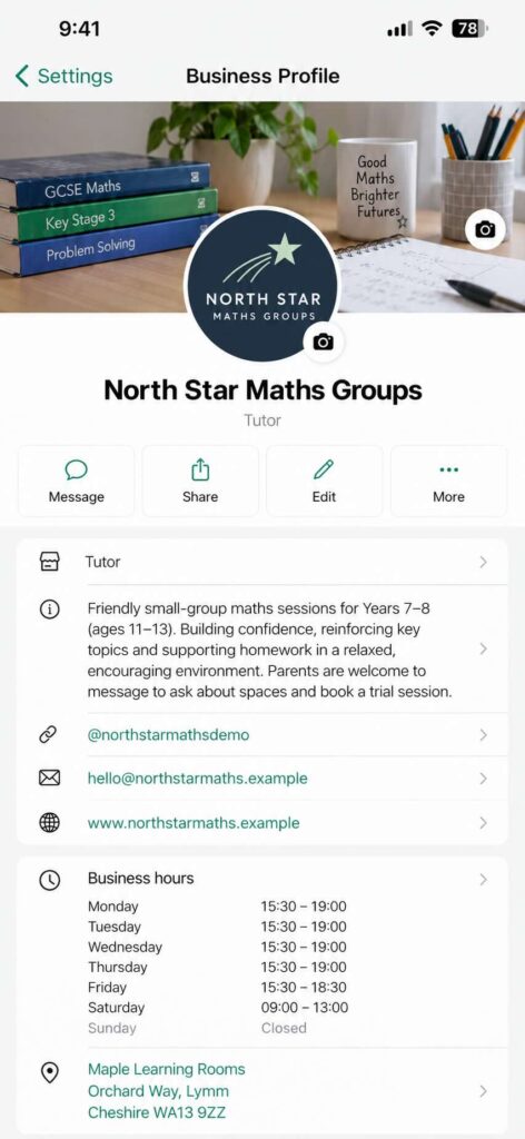 A WhatsApp Business profile screen on an iPhone