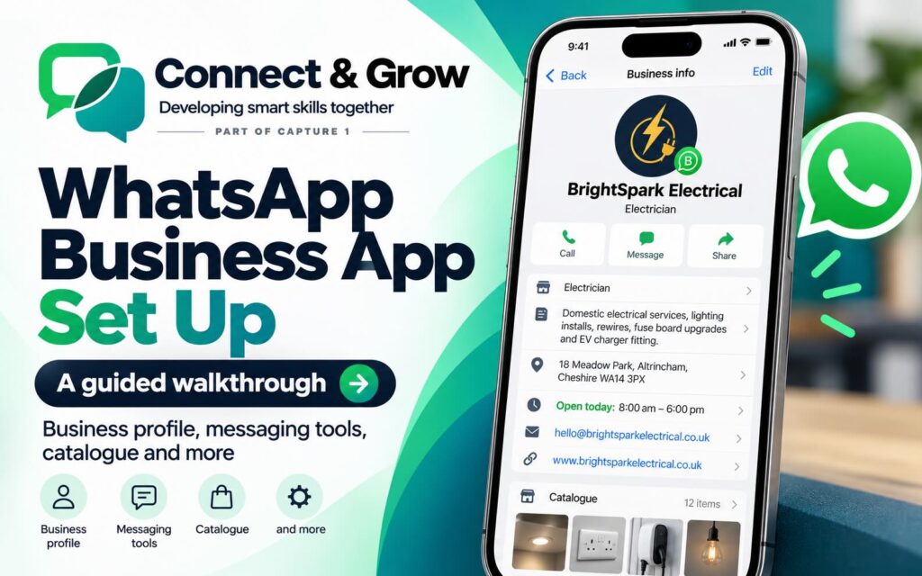 Set Up with Confidence course thumbnail showing a WhatsApp Business profile on an iPhone