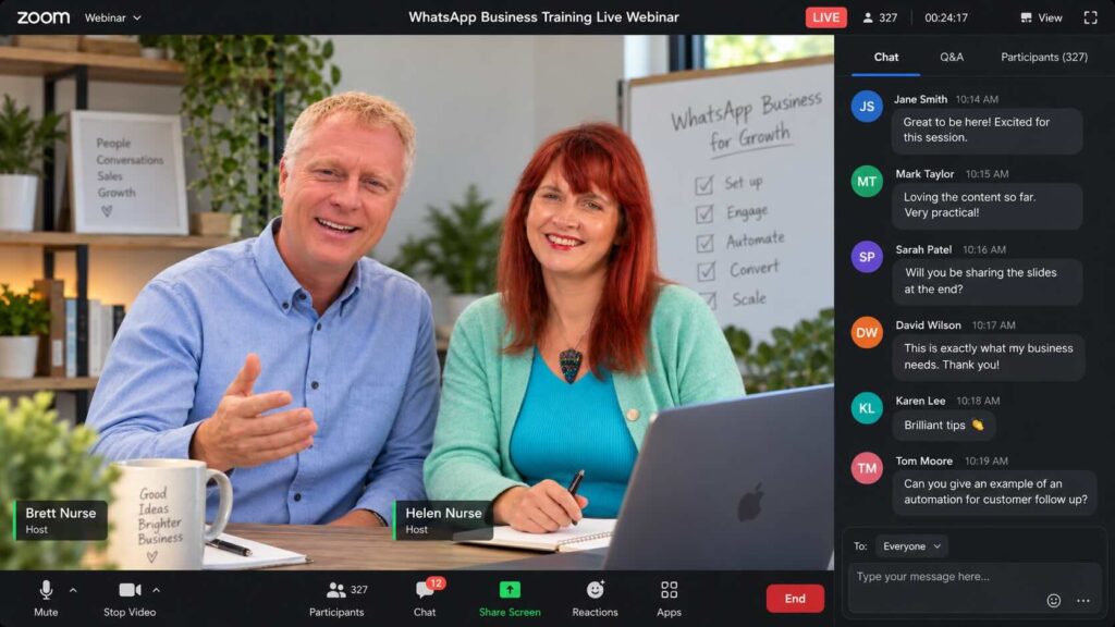 Presenter view of a Connect & Grow guided setup webinar
