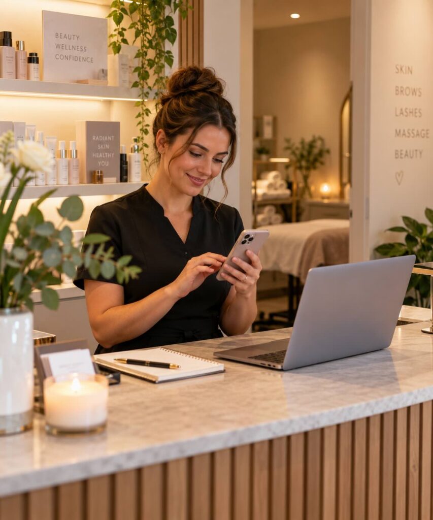 Beautician at her salon with her phone