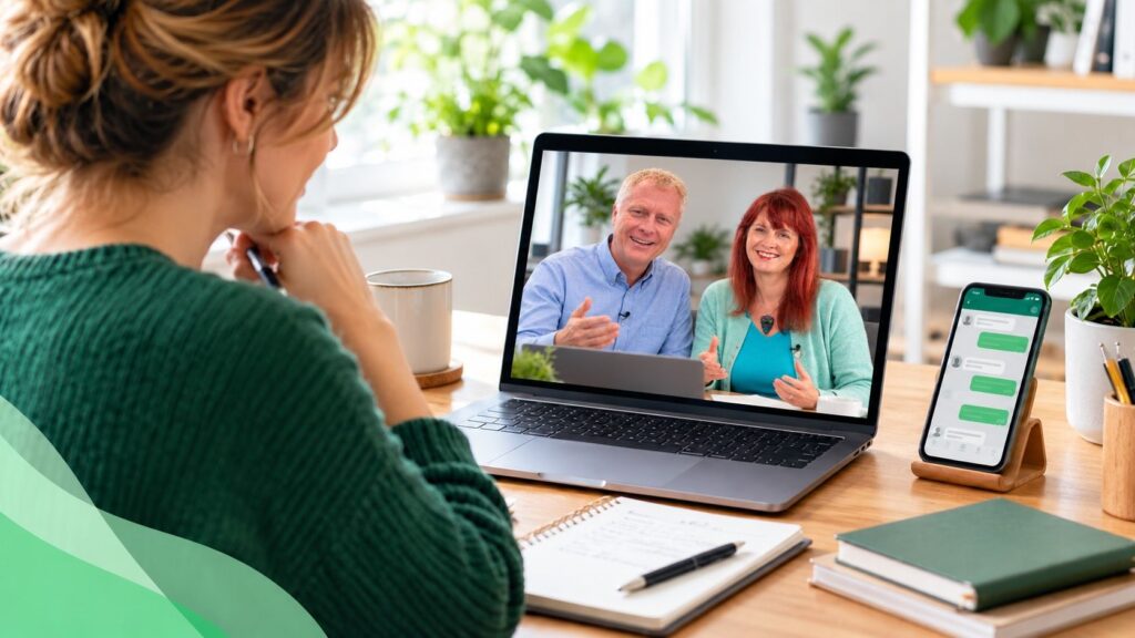 Business owner taking part in an online learning session using a laptop and smartphone