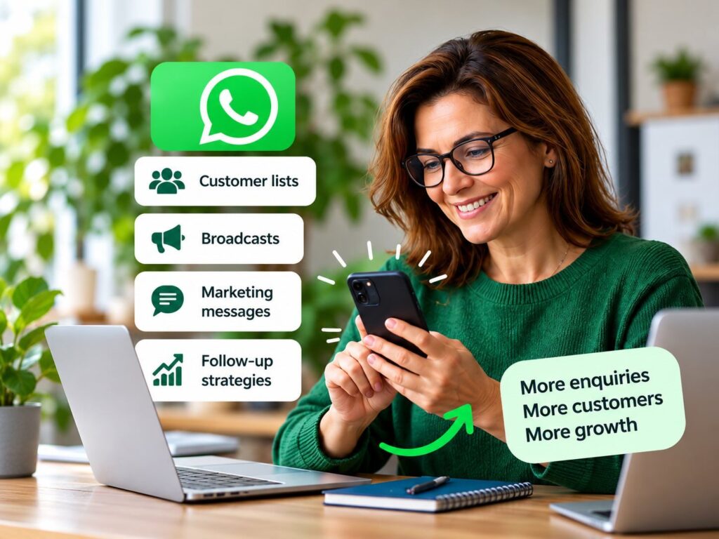 Illustration of grouped business contacts connected to follow-up messages on a smartphone