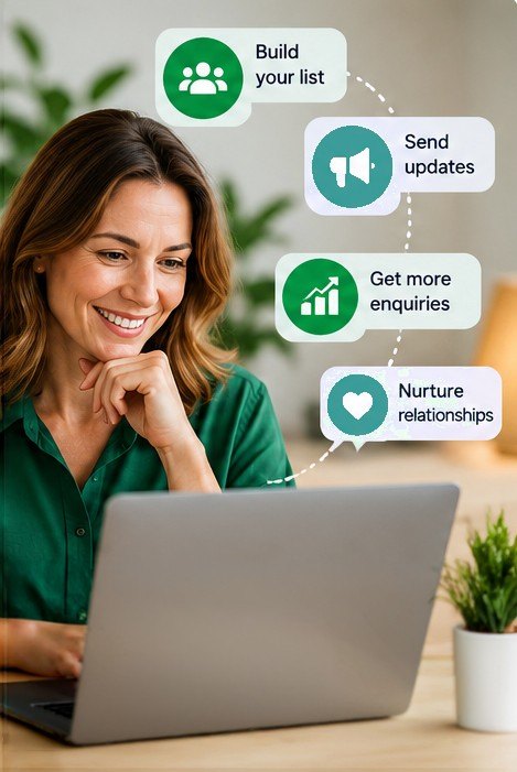 Smiling business owner at a laptop planning customer updates