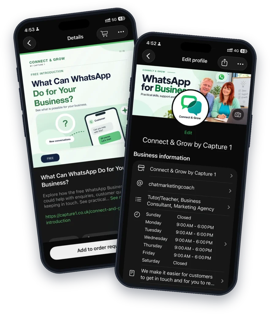 The Connect & Grow business profile and a catalogue item in the WhatsApp Business App on two iPhones