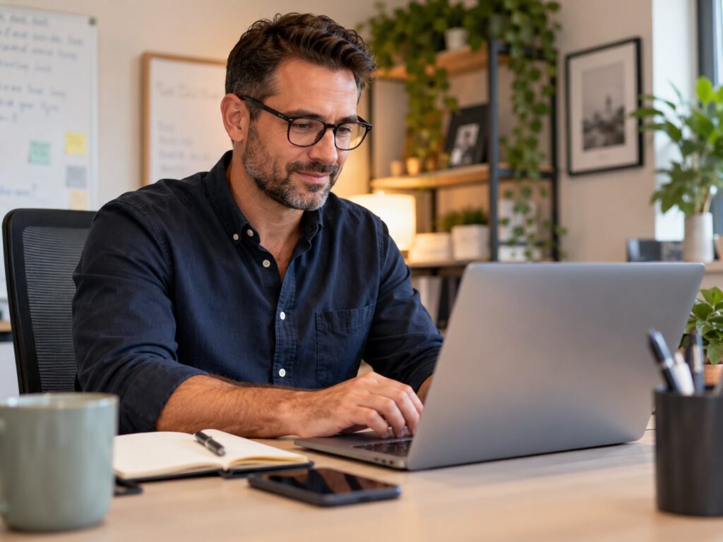 Consultant following up a lead on his laptop and phone