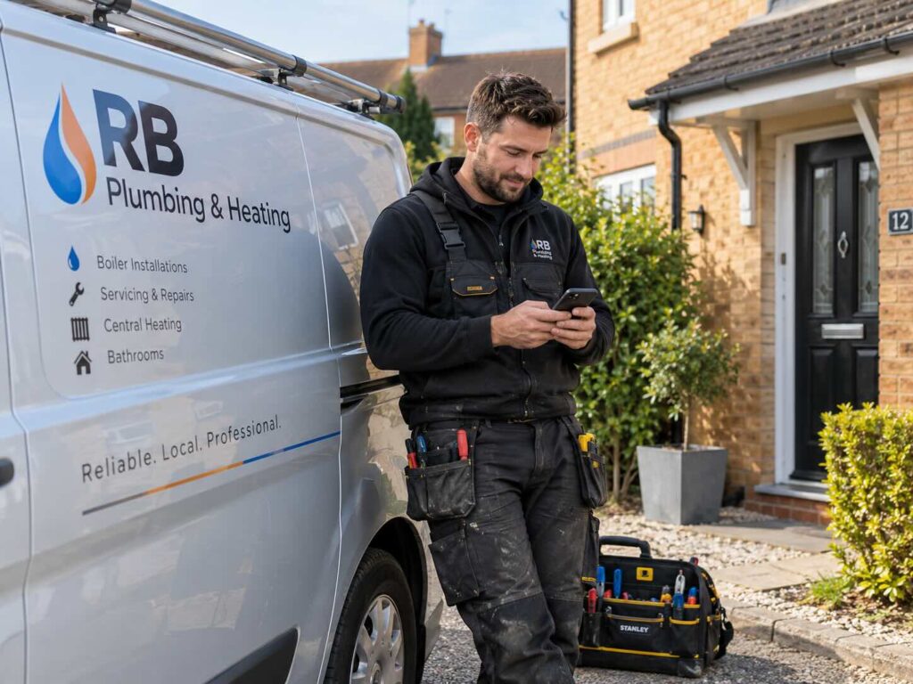 Plumber checking his phone between jobs